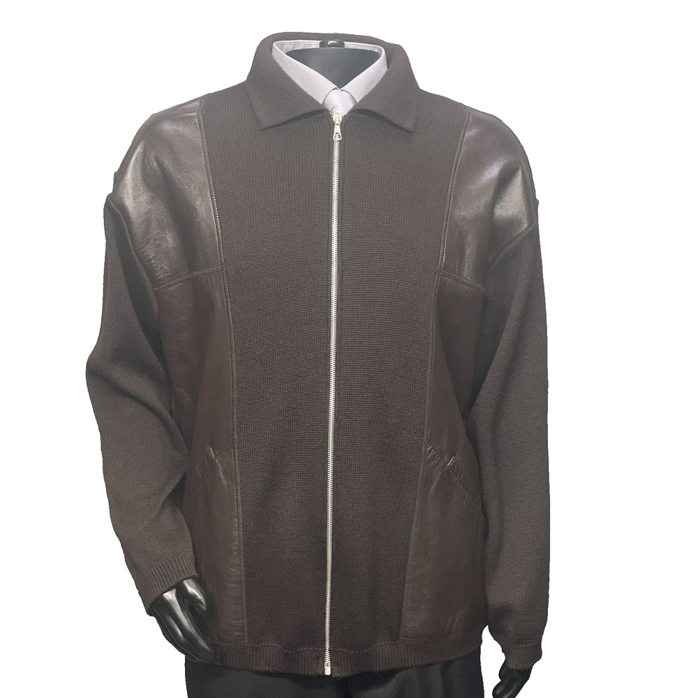 Cibreo Mens XL Brown Faux Leather & Knit Full Zip Jacket 2000 Collection Italy